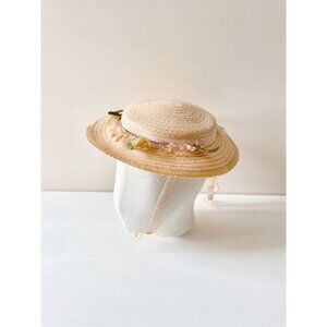 Vintage Pale Peach Pink Staw Faux Floral Grosgrain Ribbon Boater Hat
